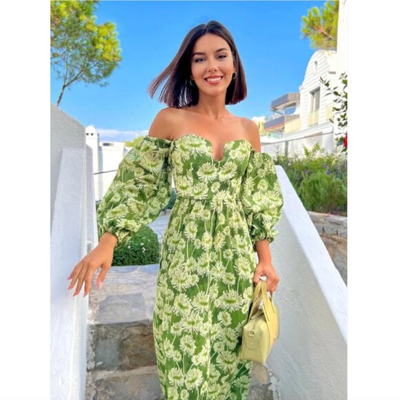 Zara Floral Off The Shoulder Cotton Poplin Maxi Dress Green Size Small - Picture 4 of 11